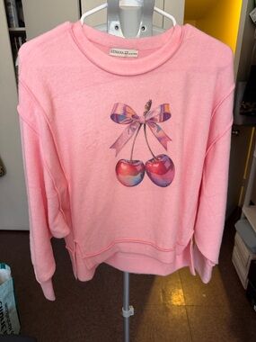 Zenana Outfitters Pink Crewneck Sweatshirt with Cherry Bow Graphic